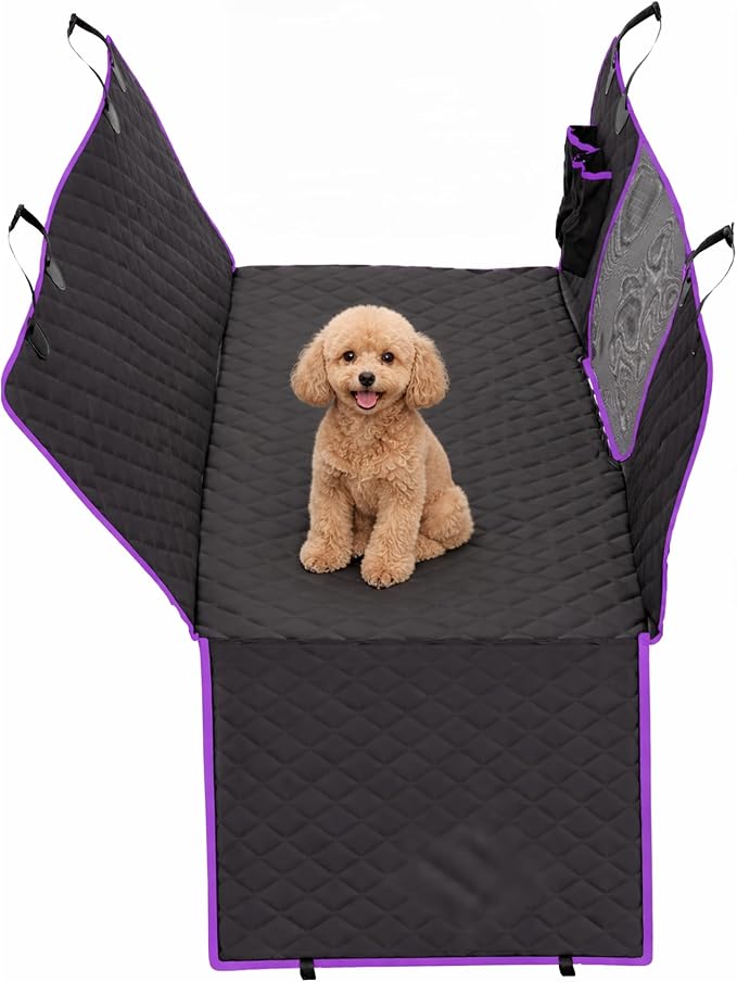 Dog Car Seat Cover for Back Seat, Waterproof, Scratchproof, Nonslip, Dog Hammock for Car, Safety Harness Included, Seat Covers for Pet Dogs, Truck & SUV Size (Black/Purple) by Platinum+Shield