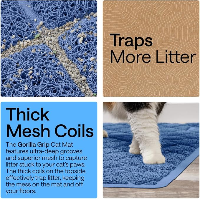 GORILLA GRIP Cat Litter Box Mat, 47x35, Cushioned Coil Mesh Litter Trapping Mats, Scatter Control Supplies for Less Mess, Phthalate Free, Ultra Deep Catch Grooves, Rinse or Vacuum to Clean, Navy Blue - Image 3