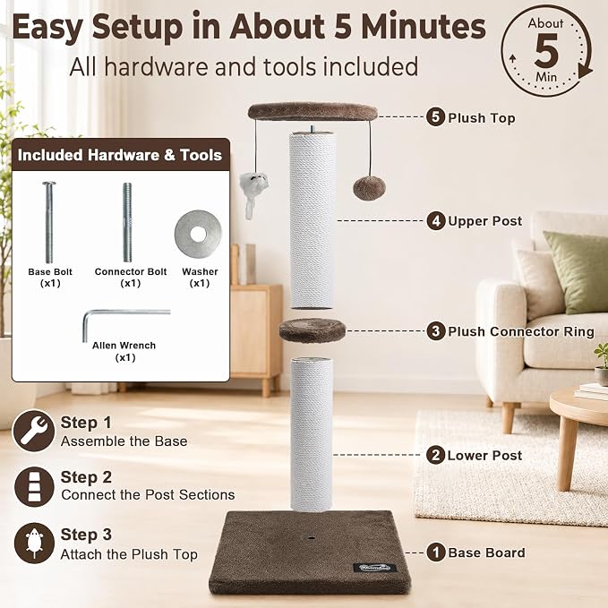 34-Inch Tall Cat Scratching Post for Large Cats, Stable Base, Brown | Heavy-Duty Cat Scratcher, Extra-Tall Thick Post, Soft Natural Cotton Rope, Hanging Interactive Cat Toys, Indoor Cat Furniture - Image 6