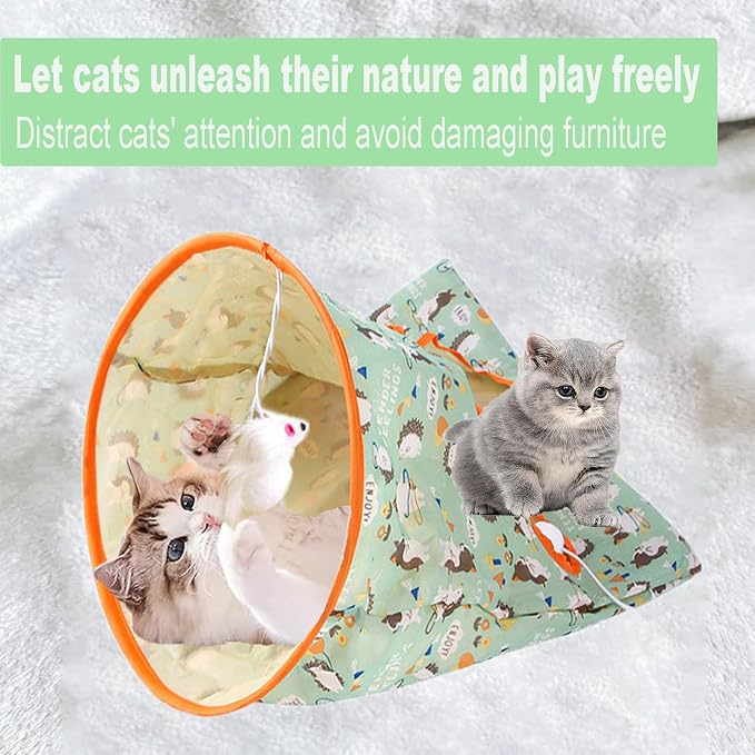 Cat Tunnel Bag for Indoor Cats, Foldable Pet Tunnel Crinkle Sack Bag with a Little Mouse & 3 Toy Ball, Portable Crinkle Paper Interactive Hide and Seek Cat Toys (Green) - Image 6