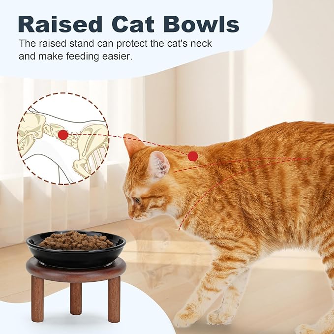 SPUNKYJUNKY Shallow Elevated Cat Bowl with Acacia Wood Stand Wide Raised Ceramic Cat Dishes Whisker Friendly Pet Food and Water Plates (Striped Pattern, 2 Pack, Black) - Image 3