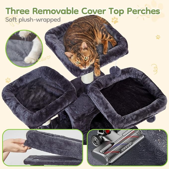 Taoqimiao Cat Tree for Large Cats, 76.8 Inches XL Cat Tower for Indoor Cats | 2 Scratch Boards, 3 Top Perches, 9 Scratching Posts, Multi-Level Cat Tree with 2 Condos, 2 Cozy Basket, Smoky Gray, T20G - Image 4