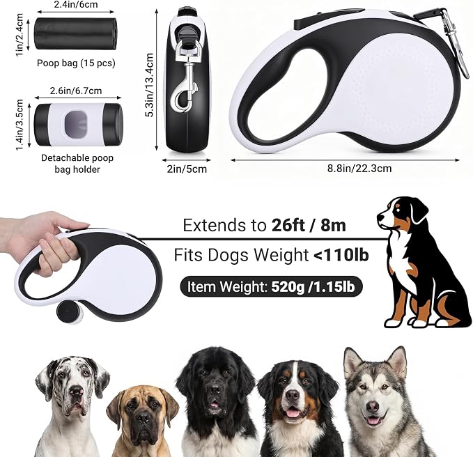 Segarty 26 Ft Walking Leash with Poop Bag Holder for Dogs Weighing 66 lbs - 110 lbs, 8m Retractable Heavy-Duty Leash 360°Tangle-Free with Anti-Slip Handle One-Handed Brake Pause Lock for Pet Outside - Image 2