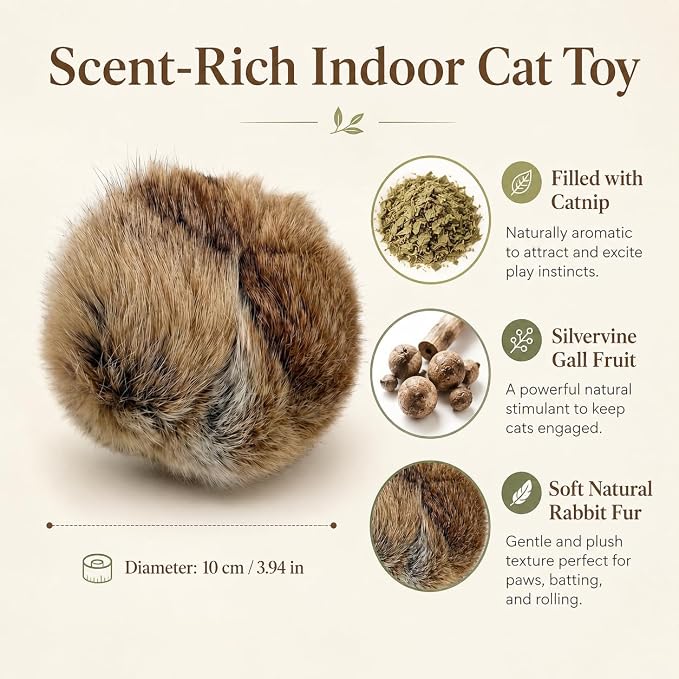 Rabbit Fur Ball Cat Toy, 10cm Natural Rabbit Fur Catnip Silvervine Gall Fruit Toy, Soft Scented Interactive Cat Ball for Indoor Cats & Kittens, Batting Chasing Rolling Play - Image 3
