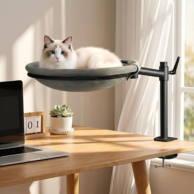 Cat Desk Bed - Sturdy Cat Bed for Desk with 360° Rotating & Adjustable Height, Elevated Cats Nest Perch for Desk, Grey by unidevice