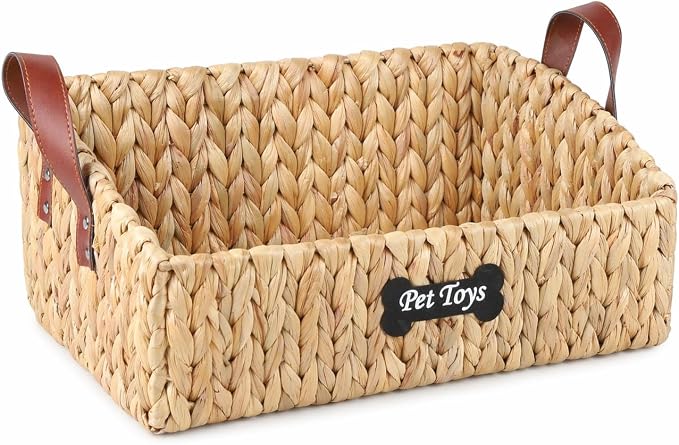 Trapezoid Pet Dog Toy Basket,Medium Dog Toy Bin,Wicker Storage Basket for Dog Cat Toys,Dog Storage Organizer for Leash Blanket Toys Snacks -Natural Farmhouse Water Hyacinth by Brabtod