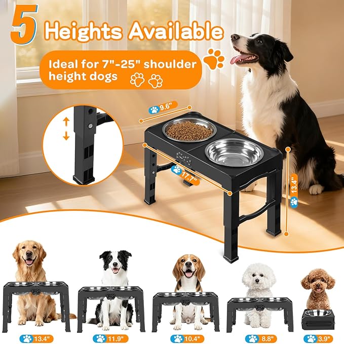 COMESOON Elevated Dog Bowls, 5 Adjustable Heights (3.9"-13.4") Raised Dogs Food Bowl Stand for Medium Large Sized Dogs, Non-Slip Foldable Travel Pet Feeder Black with Stainless Steel Bowls - Image 2