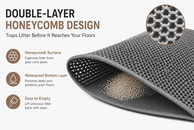 PAW BALLET Cat Litter Mat, Double-Layer Honeycomb Litter Trapping Mat, Waterproof & Non-Slip EVA Cat Litter Box Mat, Extra Large 35.5 × 23.5 Inches - Image 4