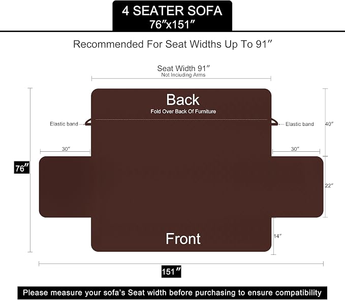 U-NICE HOME 4 Seater Sofa Cover 91''Large Couch Cover, Beige/Beige | Washable, Pet Friendly, Elastic Straps, Water Repellent, Furniture Protector Mat for 4 Cushion Couch - Image 6