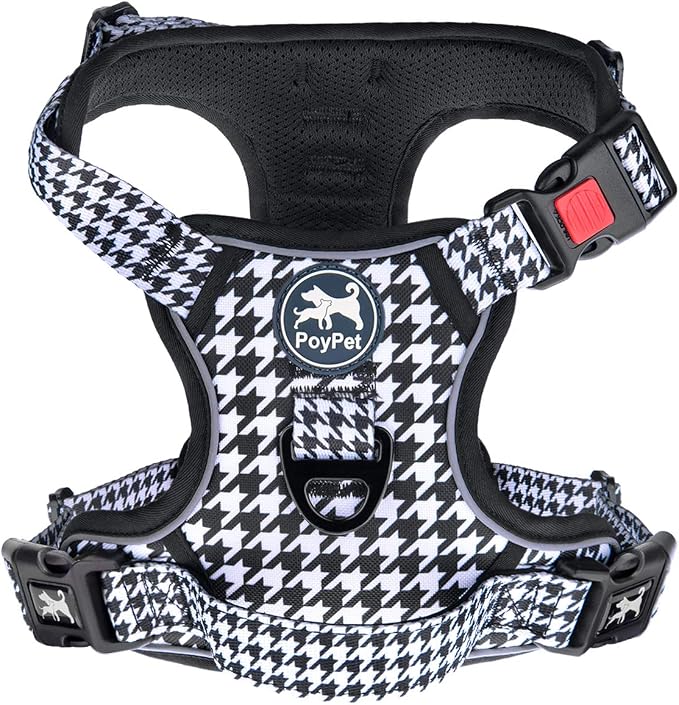 PoyPet Plaid Dog Harness Medium, No Pull Vest with Front Clip & Neck Buckle | Padded Handle, Reflective, No Choke, Lockable, 2 Leash Rings, Full Adjustable, for Training Walking, M, Houndstooth by PoyPet