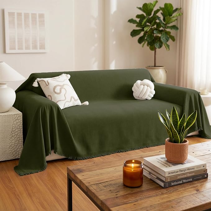 Chenille Couch Cover for Dogs Washable Boho Throw Blanket Washable | 71"×150",Grass Green, Soft Chenille, Tassel Design, Pet Friendly, Furniture Protector, for Couch, Sofa, Bed, Living Room - Image 2