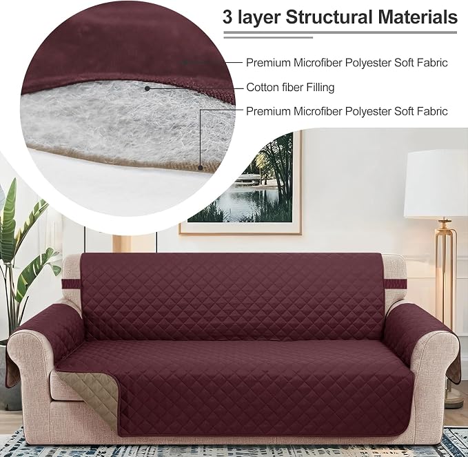 Reversible Loveseat Couch Sofa Covers, 2-Seater, Burgundy | Loveseat Covers for Dogs Water Repellent, Friendly Furniture Protector with Elastic Straps for Living Room - Image 4