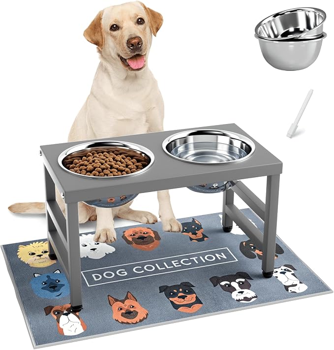 10'' Metal Raised Dog Bowl Stand, Elevated Dog Bowls with 2 Stainless Steel Bowls (1700ml/58oz) & Anti-Spill Mat for Medium/Large Breeds,Gray by ADENGL
