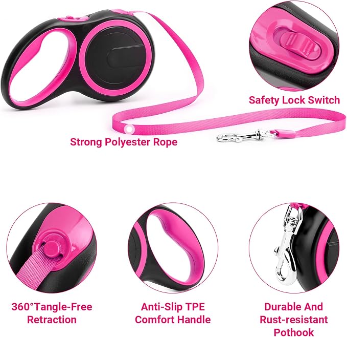 Segarty Pink Retractable Dog Leash, 16ft Heavy Duty Walking Dog Leash for Medium Small Dogs up to 44lb, Anti-Slip Handle 360°Tangle-Free Nylon Tape, One-Handed One Button Lock and Release - Image 3