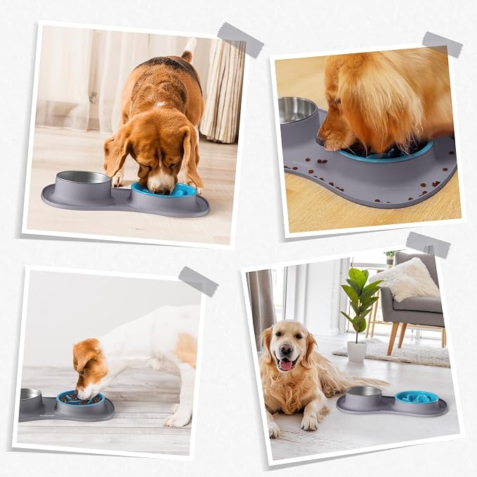 MateeyLife Dog Food and Water Bowl Set 3 in 1, Slow Feeder Dog Bowls & Stainless Steel Water Bowl with Non-Spill Silicone Mat, Cat and Puppy Bowls Pet Dishes for Small Medium Large Breed Anti-Choking - Image 8