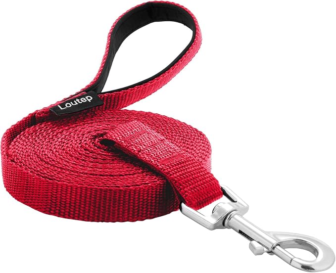 Long Line Dog Training Leash with Padded Handle, 15 ft, Red | Durable nylon webbing with reinforced stitching and 360° swivel clip for recall and obedience by Loutep