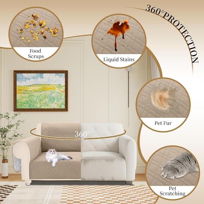 Velvet 100% Waterproof Loveseat Covers Washable Love Seat Couch Covers for 2 Cushion Couch Sofa Pet Friendly Sofa Slipcovers for Dogs Furniture Protector with Pockets (Medium, Light Khaki) - Image 5