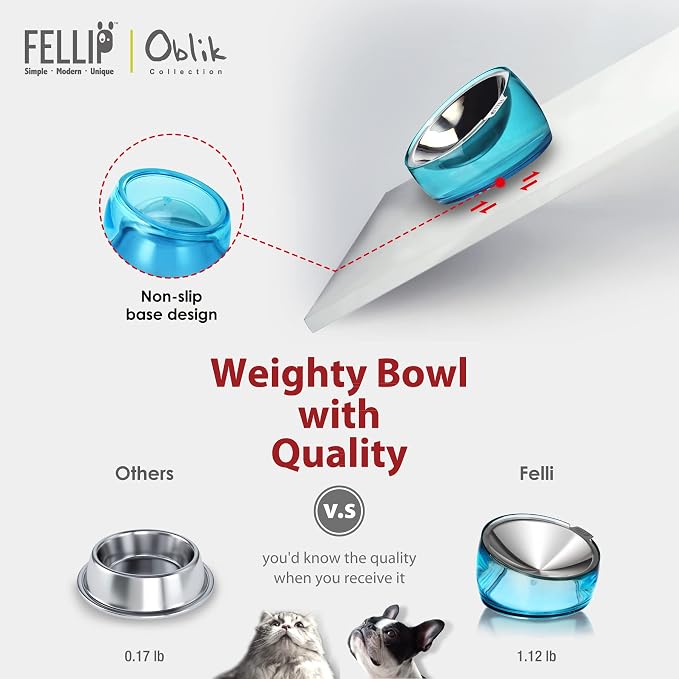 Felli Pet Oblik Whisker Fatigue Cat Food Bowl Raised Stainless Steel Shallow Dish, Pet Design Anti Vomit Tilted Metal Plate Feeder Elevated Acrylic Base(Sapphire, 0.5 Cups Shallow Dish) - Image 9