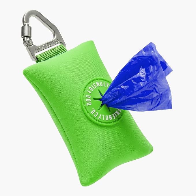 Dog Friendly Co. Poop Bag Holder for Leash, Dog Waste Bag (Neon Green) | One Click Clip Potty Carrier Dispenser, Pet Trash Bags, Neoprene Fabric for All Weather Conditions, Stylish Walking Accessory by DogFriendly