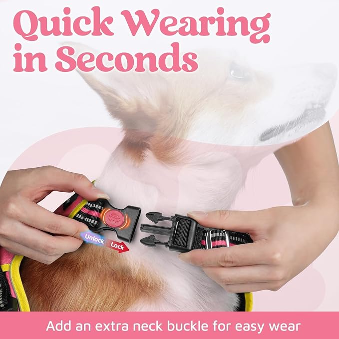 rabbitgoo Dog Harness Medium Sized, No Pull 3 Buckles Easy On & Off | Soft Padded, Walking with Control Handle, Adjustable and Reflective, Pink & Yellow, Medium - Image 2