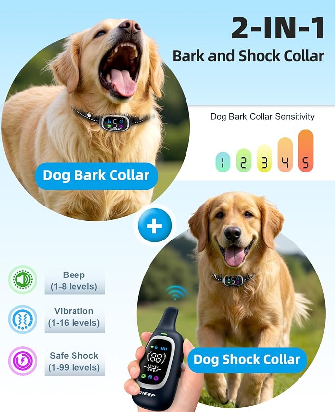 2-in-1 Dog Shock Collar and Bark Collar for Dogs – 3300FT Dog Training Collar with Remote, IP67 Waterproof e Collar with Anti-Bark/Beep/Vibration/Shock Modes for Small Medium Large Dog(8-120Lbs) - Image 2