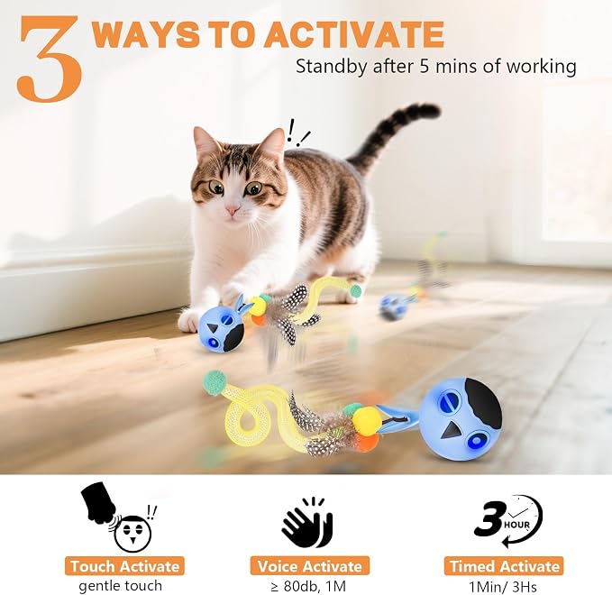 Cat Ball Toy, Upgraded Smart Motion Sensor Moving Ball with 3 Speed Modes & 4 Sounds, Interactive Toy for Indoor Cats, Motion Activated, Chirping Light, 2 Feather Tails(Blue) - Image 4