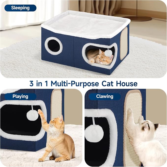 Shikha Extra Large Cat House Bed for Multi Cats with Scratch Pad Blue | 24 x 17.7 x 12.6 IN Widen Cat Cave Cube for Multi Pets, Foldable, Arc-Edge Design, Oval Door, All Seasons Reversible Cushion - Image 5