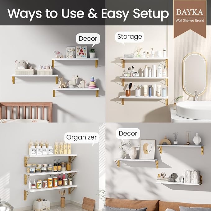 BAYKA Wall Shelves for Bedroom Decor, Floating Shelves for Living Room Kitchen Storage, Wall Mounted Rustic Wood Shelves for Kids Books,Corner Shelves for Bathroom(White and Gold，23in，Set of 3) - Image 4
