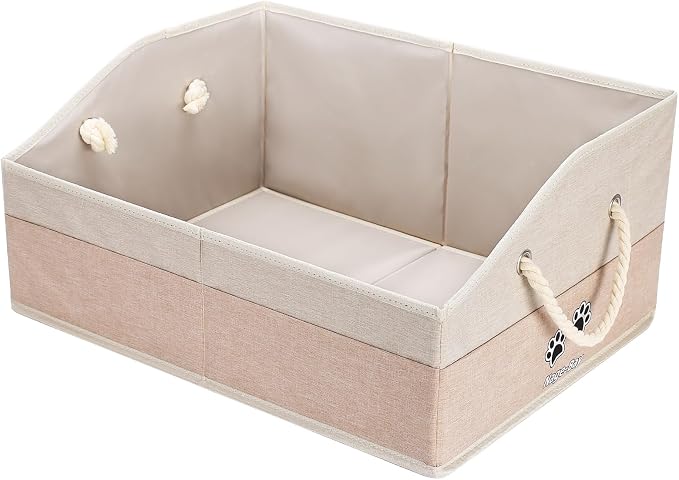 Large Dog Toy Basket with Handle, Foldable Dog Toy Box for Living Room Area , 20" Basket for Dog's Supplies, Organizer and Storage with Hard Board, Anti-Slip for Pet Toys (Beige, Medium 20"×15") by Unknown