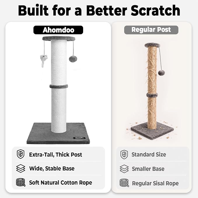 34-Inch Tall Cat Scratching Post for Large Cats, Stable Base, Gray | Heavy-Duty Cat Scratcher, Extra-Tall Thick Post, Soft Natural Cotton Rope, Hanging Interactive Cat Toys, Indoor Cat Furniture - Image 5