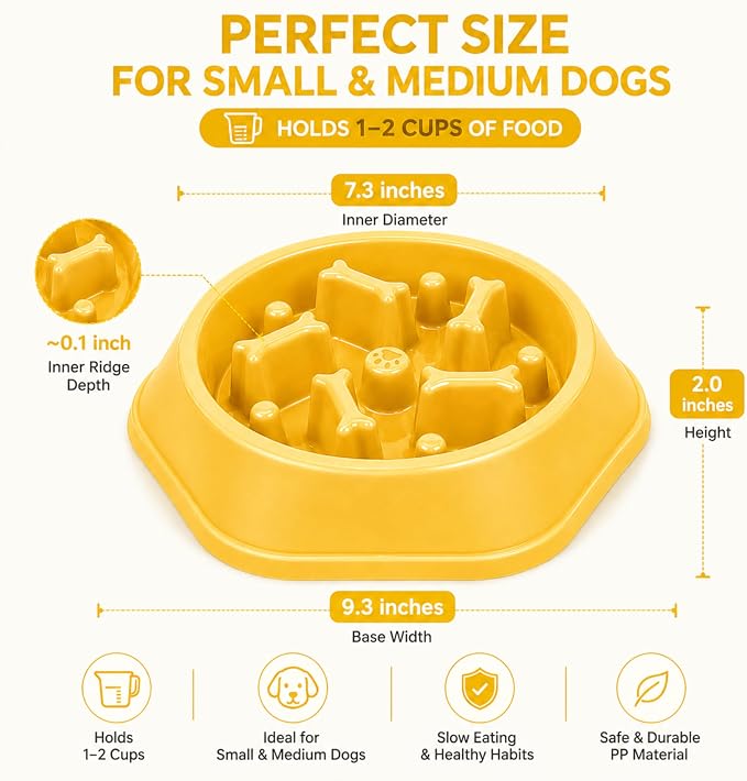Slow Feeder Bowl for Small & Medium Cats & Dogs - Durable Slow Feeding Bowl with Non-Slip Base -Anti-Choking Puzzle Food Bowl for Dogs That Helps Mental Stimulation & Reduces Fast Eating-Yellow - Image 2