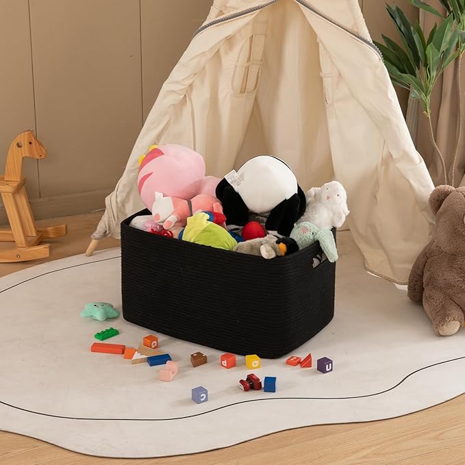OIAHOMY 75L Large Blanket Basket, Storage Baskets with Handle, Rectangle Woven Cotton Rope Basket, Toy Organizer Bins, 22" x 17"x 12" in,Charcoal Black - Image 3