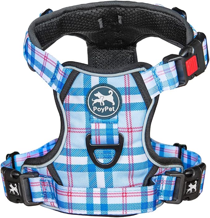 PoyPet Plaid Dog Harness Medium, No Pull Vest with Front Clip & Neck Buckle | Padded Handle, Reflective, No Choke, Lockable, 2 Leash Rings, Full Adjustable, for Training Walking, M, Checkered Blue by PoyPet