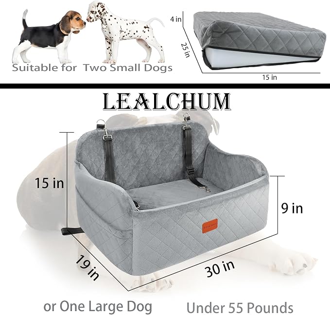 Lealchum Dog Car Seat for Medium Sized Dog,Car Dog Bed with Adjustable Leashes,Comfort and Support with Memory Foam Filled,Safety Travel Per Car Seat with Non-Slip Bottom(Grey, Large) - Image 2