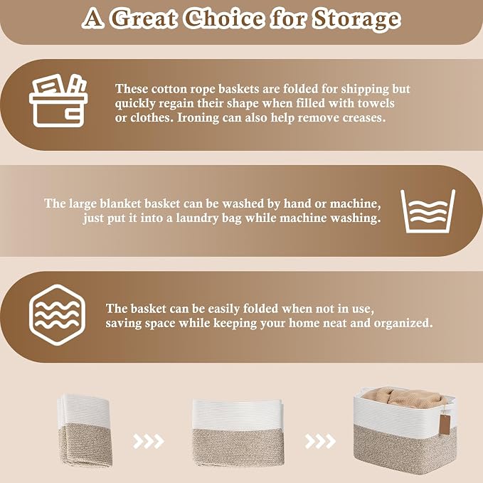 Goodpick 50L Large Woven Rope Storage Basket, Rectangle, Light Brown | 18" × 14" × 12" Stylish Gift Baskets for Living Room & Bedroom Organization, Cotton Rope Basket for Blanket & Toy Storage - Image 7