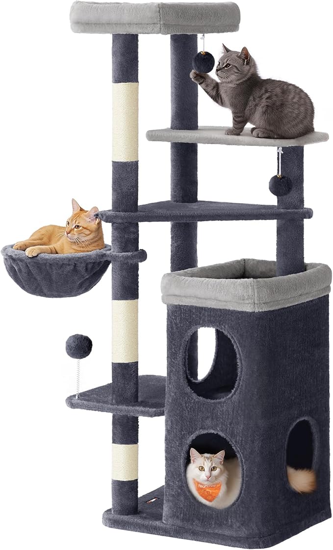 Feandrea Cat Tree Indoor, 60" Multiple-Level Plush Cat Tower, Dark Gray | 2 Caves, 3 Steps, 3 Scratching Posts, 3 Ball Toys, Cat Condo House for Large Adult Cats, UPCT007G02 by FeandreabySONGMICSHOME