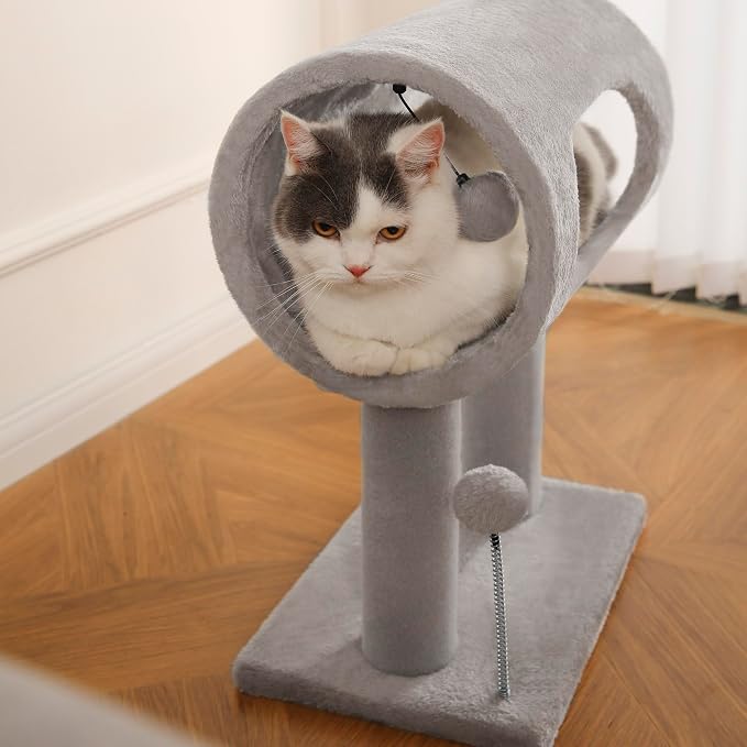 Cat Craft 20.5" Cat Tree, Small Cat Scratching Post with Tunnel, Grey | For small cats under 7 lbs. Soft plush fabric, light scratching use only, not heavy sisal material. - Image 6