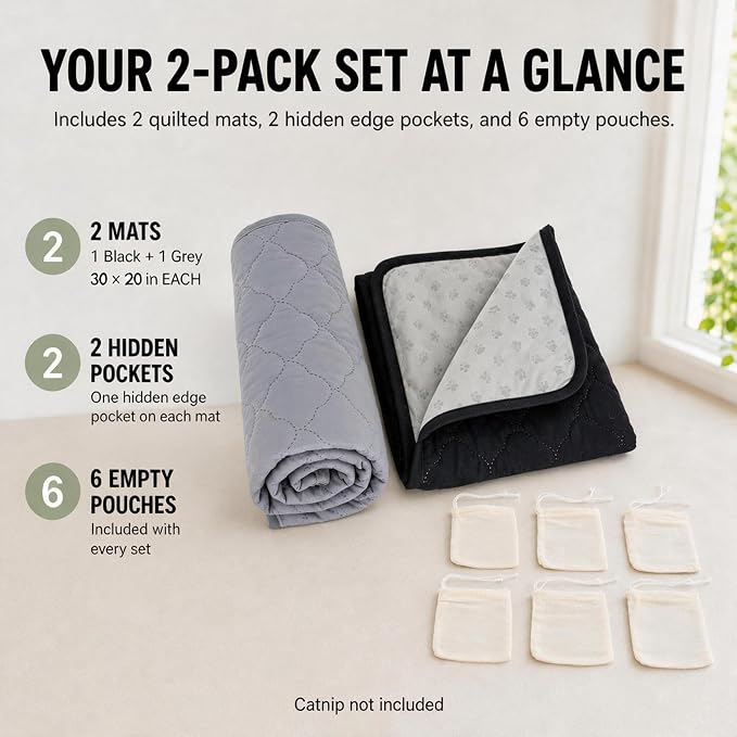 2-Pack Washable Cat Litter Mats, 30 x 20 in, Black/Grey | Absorbent quilted layers with PU barrier, paw-print silicone grip, 2 pockets and 6 empty cotton pouches; catnip not included. - Image 6