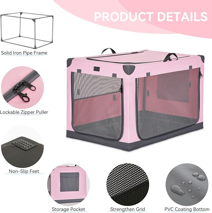 PETSFIT 30" Soft Portable Dog Crate – Patented Spiral Sturdy Frame, Collapsible Travel Kennel for Medium Dogs, 3 Mesh Door, Lockable Zippers, Indoor & Car Use Pink - Image 5