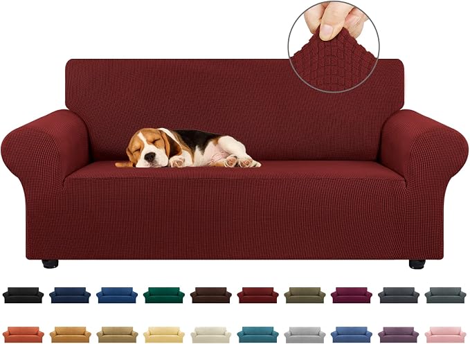 KEKUOU Stretch Loveseat Couch Cover, 2 Cushion Couch Slipcover,Dark Red | 1-Piece Washable Sofa Cover Pet Friendly (55"-78") Furniture Protector Soft Jacquard, Elastic Bottom for Dogs & Kids by KEKUOU
