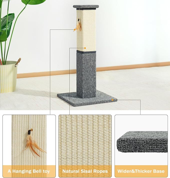Made4Pets Cat Scratching Post for Indoor Cats, Sisal Carpet Scratcher, 32" | Dual Sisal & Carpet Surfaces, Full-Body Stretching, Stable Base, Hanging Toy for Cats with Different Scratching Preferences - Image 3
