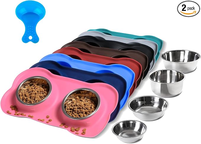 Hubulk Pet Dog Bowls 2 Stainless Steel Dog Bowl with No Spill Non-Skid Silicone Mat + Pet Food Scoop Water and Food Feeder Bowls for Feeding Small Medium Large Dogs Cats Puppies (M, Pink) by Hubulk