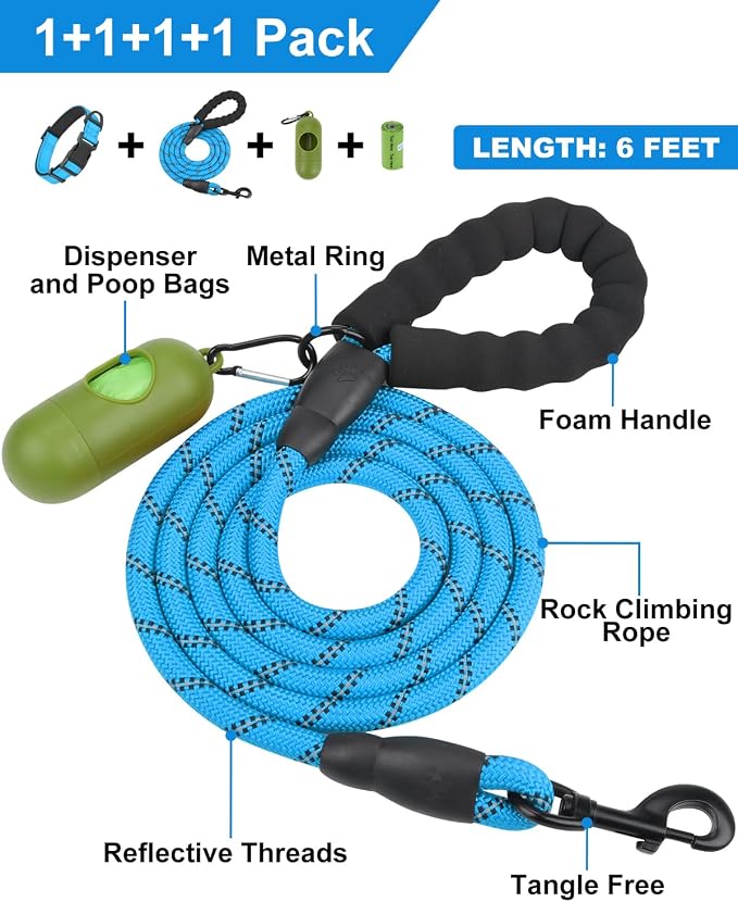 Dynmeow Reflective Dog Collar and Leash Set for Medium Dogs, Blue | Soft Neoprene Padded, 6FT Climbing Rope, Ideal for Daily Outdoor Walking or Indoor Wearing, Night Visible for Safety - Image 3