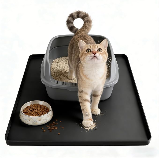 Silicone Cat Litter Mat 24x20 In Waterproof Litter Box Mat Leak-Proof Thick Under Kitty Litter Box Feeding Tray with Raised Edges for Floor Carpet, Black by LWFCOEE