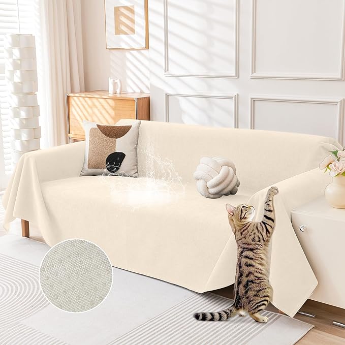Deep Dream Cat-Scratch Resistant Couch Cover, Waterproof Sofa Cover for 3 Cushion Couch Washable, Pet Friendly Couch Protectors Anti Slip Thickened Sofa Slipcovers for Dogs Pets, 71" x 150", Beige by DeepDream