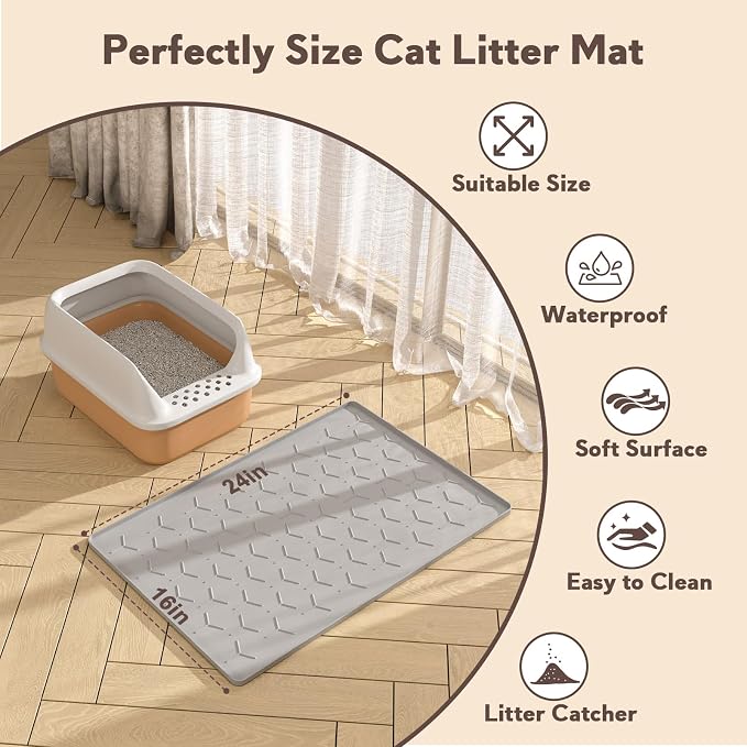 Garoopion Silicone Cat Litter Mat 24×16 inch, Easy to Clean, Gray | Waterproof Silicone Mat with Raised Edges, Catch Litter, Protect Floor from Urine, Multi-Use for Dog/Sink/Kitchen/Boots - Image 5
