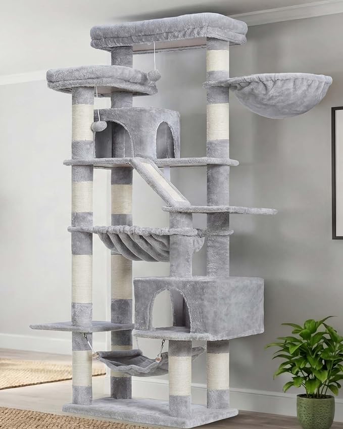 Heybly Cat Tree, 71-Inch-Tall Tower for Indoor Cats with 2 Perches HCT034W | Large Cat Furniture with 2 Big Condos, 2 Hammocks, Basket, Scratching Pad, Multi-Level Cat Condo, Light Gray - Image 2