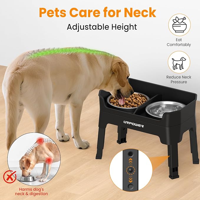 URPOWER Elevated Dog Bowls, 3-in-1 Double Deck Raised Dog Bowl Stand | 4 Height Adjustable Raised Stand with 2 Stainless Steel Food Bowls & Licking Plate for Small, Medium & Large Dogs - Image 6