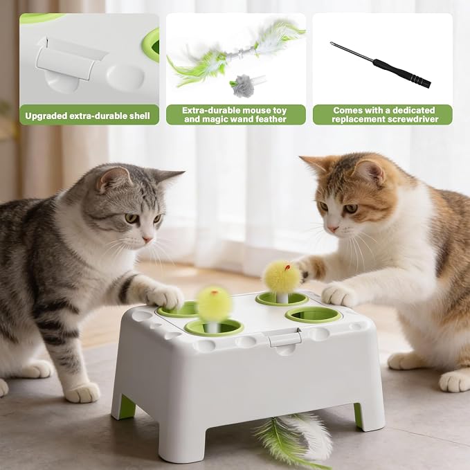 Cat Interactive Automatic Toys, Magic House Whack-a-Mole Toy | Rechargeable Stimulating Feather Kitten Toys, 3 Play Modes, 4 Holes Design, 4 Replacement Accessories - Image 8