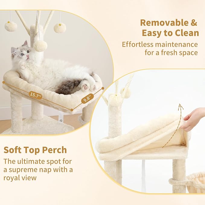 Heybly Cat Tree, 45.3" Cat Tower for Indoor Cats with Large Perch HCT202SM | All-in-One Cat Furniture with Cozy Bed, Hidden Space Cat Condo, Comfy Hammock, Scratching Posts & 3 Pompoms, Beige - Image 4